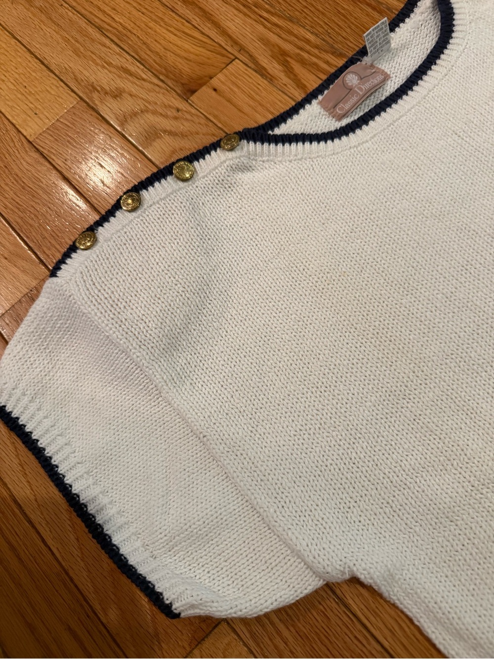 White Short Sleeve Knit Top with Navy Trim Gold Button Detail yacht club coastal - Picture 3 of 7